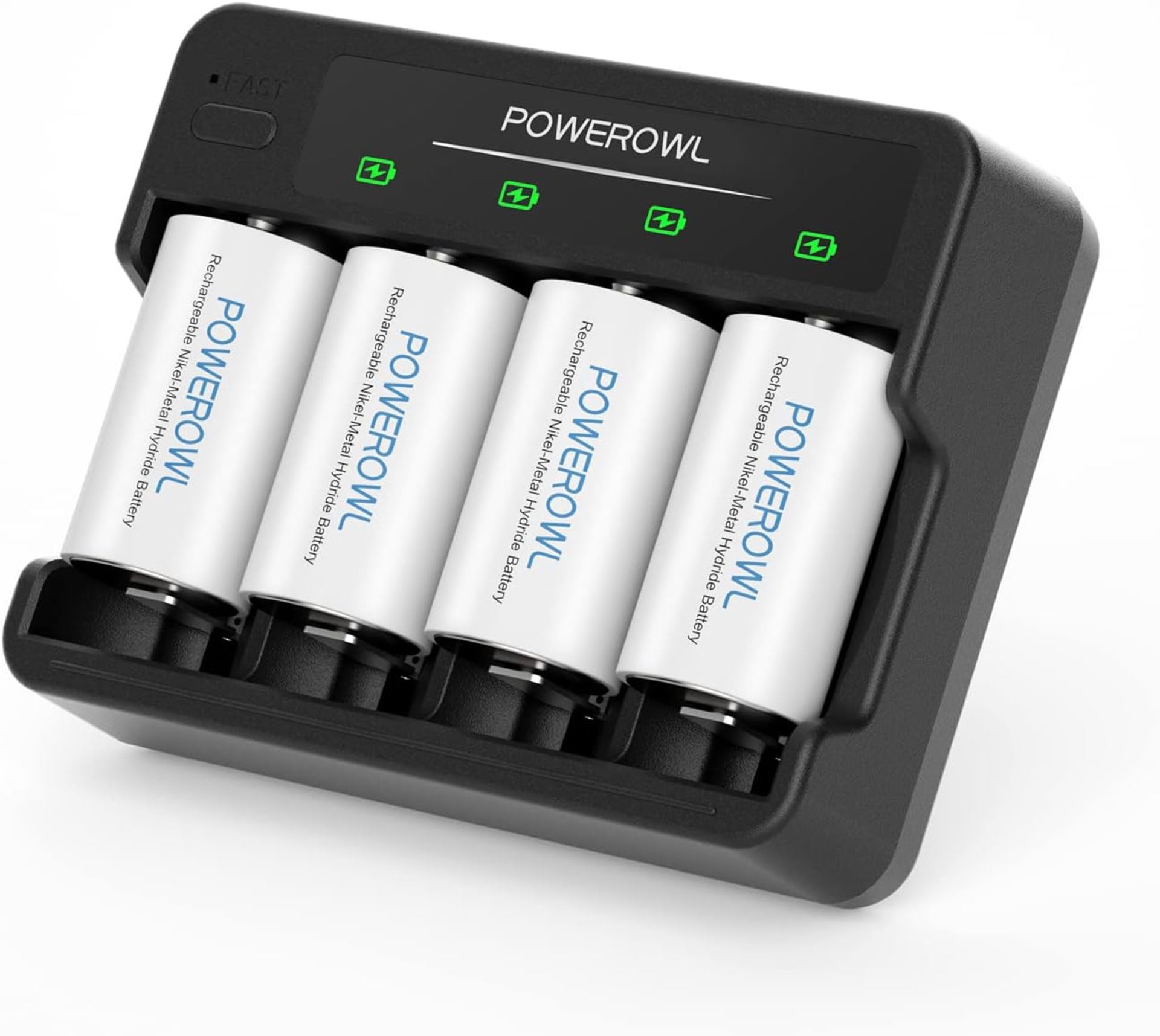 RRP £34.99 POWEROWL Rechargeable D Batteries with 4 Bay Battery Charger, USB Quick Charging, for
