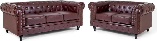 RRP £899 Bravich Leather Chesterfield Sofa Set- Brown. Two Seater Sofa & Three Seater Settee -