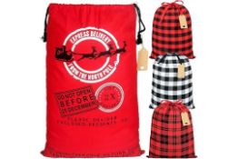 Advantez Christmas Drawstring Bags, 4-Pack Reusable Cotton Canvas Santa Sack Buffalo Plaid