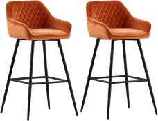 RRP £99.99 AINPECCA Bar stools Set of 2 Orange Velvet Fabric Upholstered Seat with Backrest &