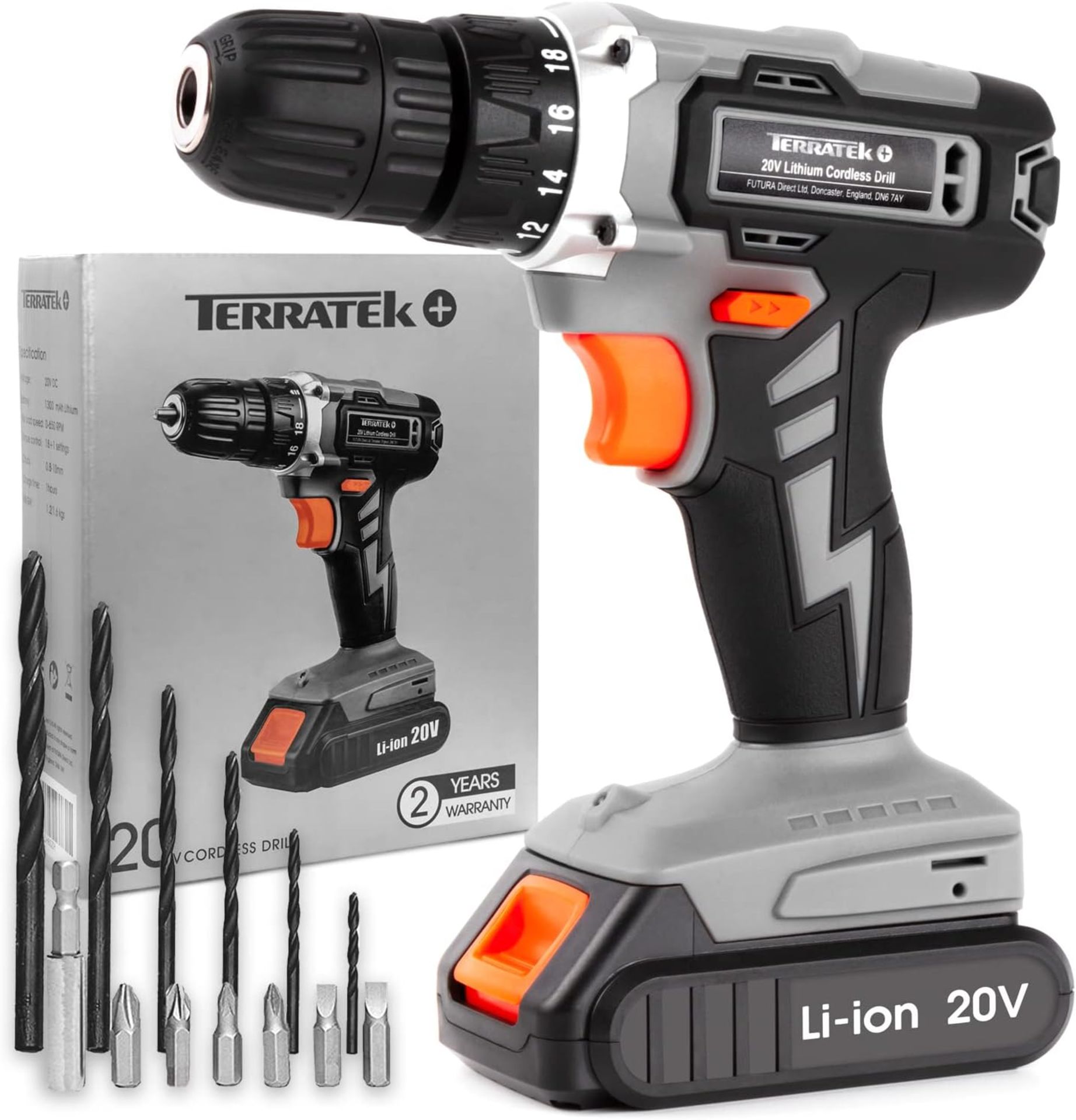 RRP £32.99 Terratek Cordless Drill 20V Li-Ion Battery 1 Hour Fast Charge, Electric Screwdriver