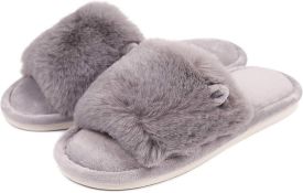 Set of 2 x Caramella Bubble Women's Plush Soft Fluffy Fur Furry Slippers, Open Toe Cozy menory