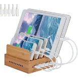 RRP £31.99 Yisen Wood Bamboo 5-Port USB Charging Station stand Organizer for Cell Phones and Tablets