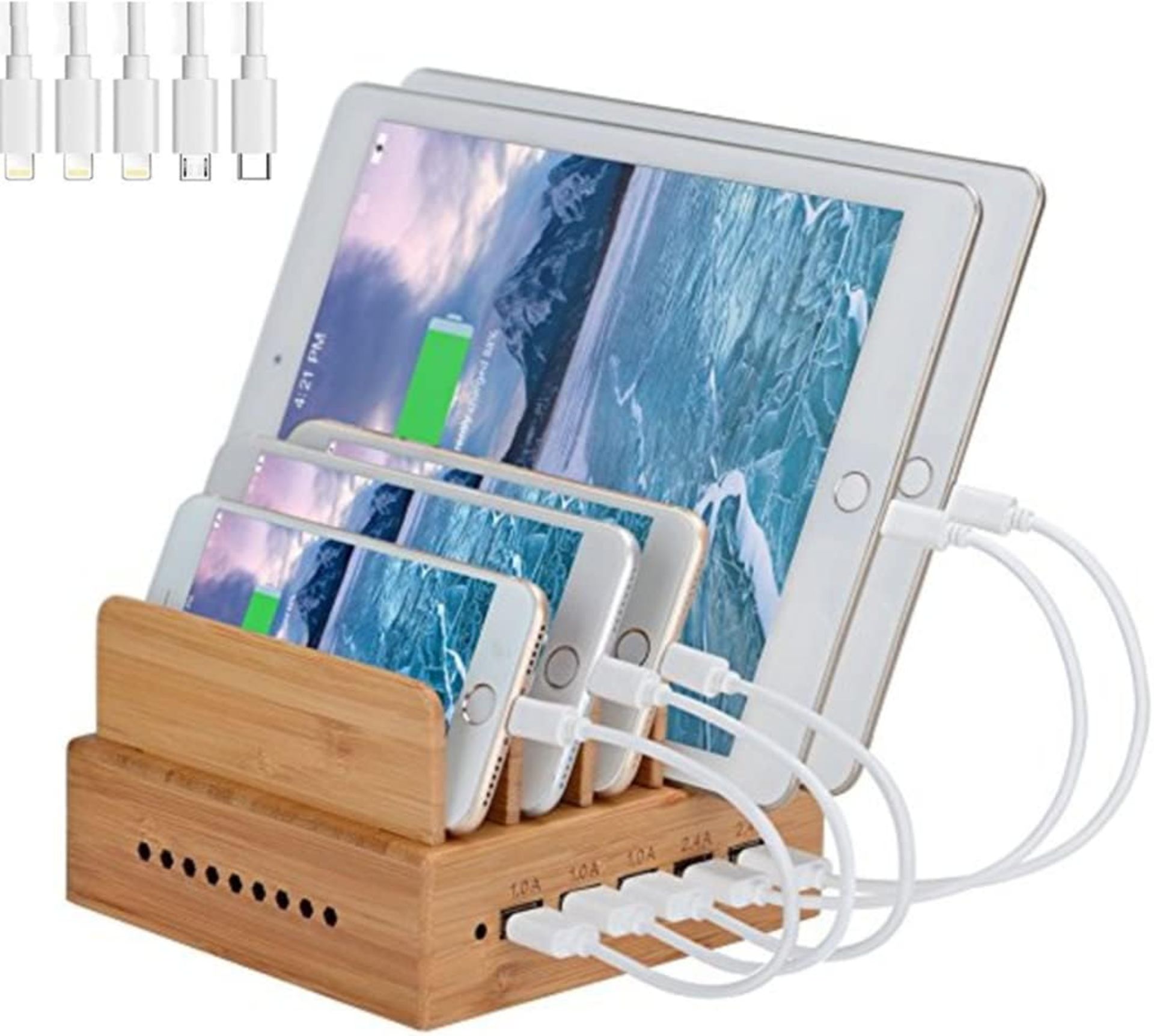 RRP £31.99 Yisen Wood Bamboo 5-Port USB Charging Station stand Organizer for Cell Phones and Tablets