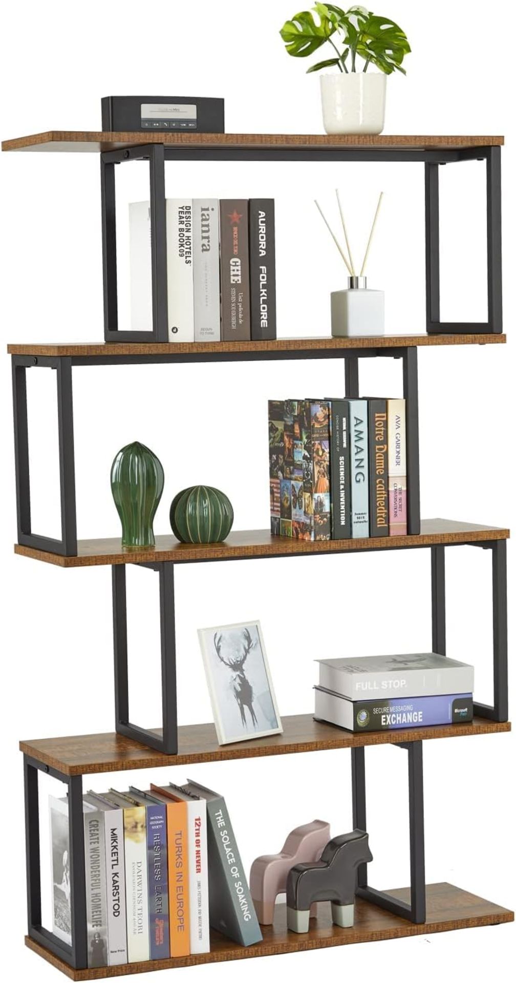 RRP £65 Meerveil Bookcase, 5-Tier S Shaped Bookshelf, Storage Shelving Unit, Industrial Display