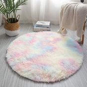 RRP £40 Set of 2 x Round Fluffy Rainbow Area Rugs for Girls Room, Modern Fluffy Colorful Rug
