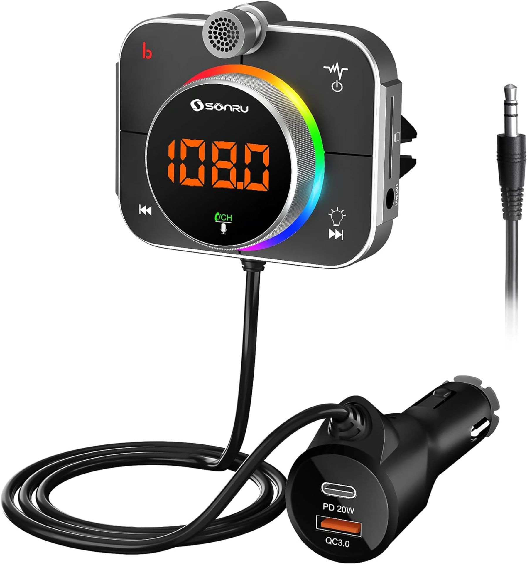 RRP £19.99 SONRU Bluetooth FM Transmitter, Bluetooth 5.0 Car Radio Adapter USB C Car Charger Fast