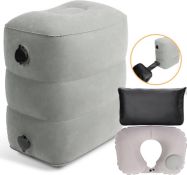 RRP £60 Set of 3 x WADEO Upgraded Inflatable Foot Rest for Plane with Fast Inflator & Travel Pillow,