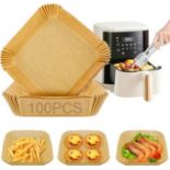 Set of 2 x 100Pcs Air Fryer Disposable Paper Liner Square with Grill Tongs, Oil-Proof, Water-