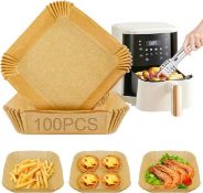 Set of 2 x 100Pcs Air Fryer Disposable Paper Liner Square with Grill Tongs, Oil-Proof, Water-