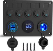 RRP £44 Set of 2 x IP65 Waterproof 12V/24V Toggle Switch Panel, Dual USB Charger Port 4.2A + Lighter