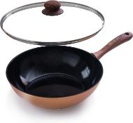 RRP £29.99 nuovva Non Stick Induction Wok Pan – Deep Stir Fry Pan with Glass Lid – 28 cm Frying Pan