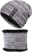 RRP £30 Set of 2 x Milduall Winter Warm Knit Beanie Hat Neck Warmer Scarf Set with Thick Faux Rabbit