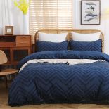 Bedding Set Microfiber Embroidery Textured Duvet Cover Set with Tassel Design (Dark Blue Chevron