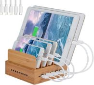 RRP £31.99 Yisen Wood Bamboo 5-Port USB Charging Station stand Organizer for Cell Phones and Tablets