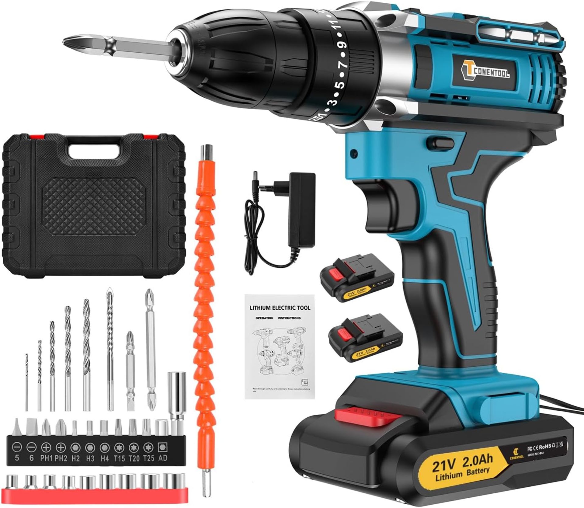 RRP £44.99 Conentool 3 in 1 Cordless Combi Drill 21V, Cordless Drill with 2X 2000mAh Batteries, 2