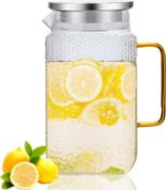 Luvan Large Glass Jug, 2L Water Pitcher with Stainless Steel Lid and V-Shaped Spout, Wide-Mouth Iced