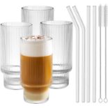 4-Pack Ribbed Glass Cups with Straws, Stackable Ribbed Glassware