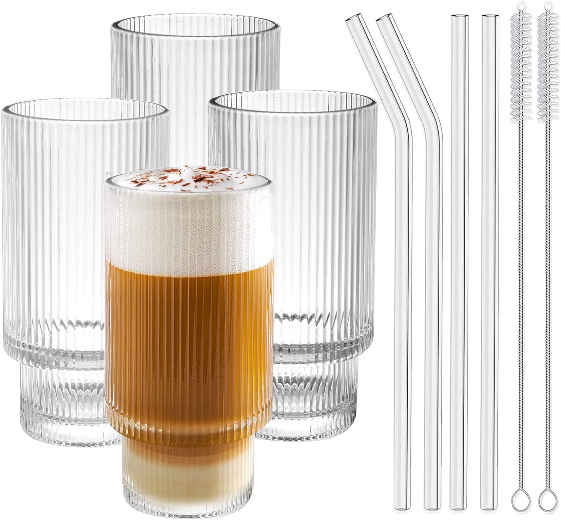 4-Pack Ribbed Glass Cups with Straws, Stackable Ribbed Glassware