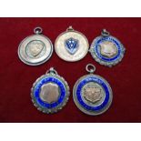 5 football fob medals - 3 are Silver hallmarked Birmingham 1913 - 1926, 1 marked 'sterling' and