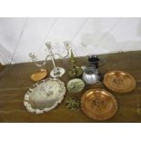 Mixed metalware including candelabra and brass candlestick etc