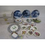 Royal Albert boxed picture plates, Delft plates, Coalport, Wedgwood plates plus 11 salt and 7 pepper