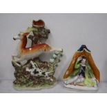 2 Staffordshire flat back figurines to include a gentleman waving and a dog chasing a deer