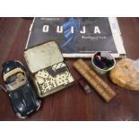 Collectors lot Ouiga board (missing piece) dominoes, counters, Burago Jag