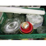 A stillage of sundry items- china, glass, metal ware, garden items, tools, wellies and waders,