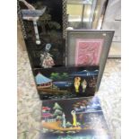 4 Oriental pictures- one screen with m.o.p detail, a framed silk and 2 paintings on board