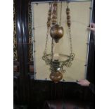 Hanging vintage Dutch brass and hardwood rise and fall ceiling light fitting (missing glass shade)
