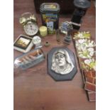 collectors lot to include 3d plaque, vintage tins, vintage tiles, alarm clocks etc