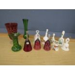 Cranberry vase and bells inc Bohemia, green glass and china bells