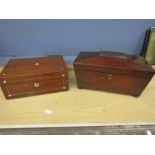 A wooden tea caddy and a wooden sectional box with mother of pearl detail