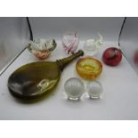 Hand blown bottle, paperweights and 2 glass dishes