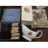 Bisto gravy jug in box along with a fish set, wooden puzzle, Woodbines cigarette box and teaspoons