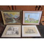 Signed oil painting of a Scottish scene, watercolour of St Mary's church in Narford and East Winch