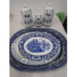 Blue & white ceramic canisters, meat plate and oval plates