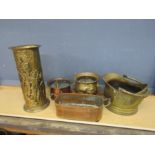 Brass and copper pots and coal bucket etc