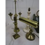 Brass bankers lamp, 2 brass lamp bases and a white wooden lamp base