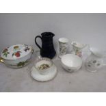 Royal Doulton blue glazed jug, Evesham tureen, Royal Grafton jug and bowl and a Coalport vase