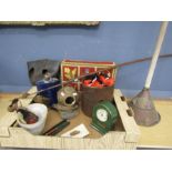 collectors lot to include mini divers helmet, metal flask, leather nose bag, prayer cushion,