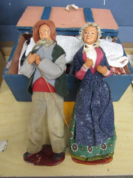 2 jointed dolls and a box of vintage dolls clothes