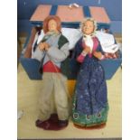 2 jointed dolls and a box of vintage dolls clothes