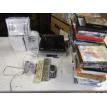 DVD players, Pioneer speakers, mobile phone and a box of DVDs
