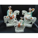 3 Staffordshire flatbacks  - a Scottish equestrian musical pair (circa 1870's)  29cm tall approx,