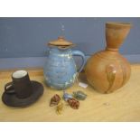 1903 motto jug, lidded terracotta pot, Wade whimsies, Chinese stamp and Dansk cup and saucer