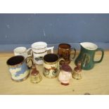 Tankards including Greene King and Bells whisky miniatures (unopened) etc