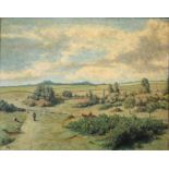 oil on canvas depicting a country path/ road junction with figures walking the path and horse and