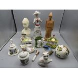 Terracotta figure, vintage tooth peg, resin bust and a collection of various figures
